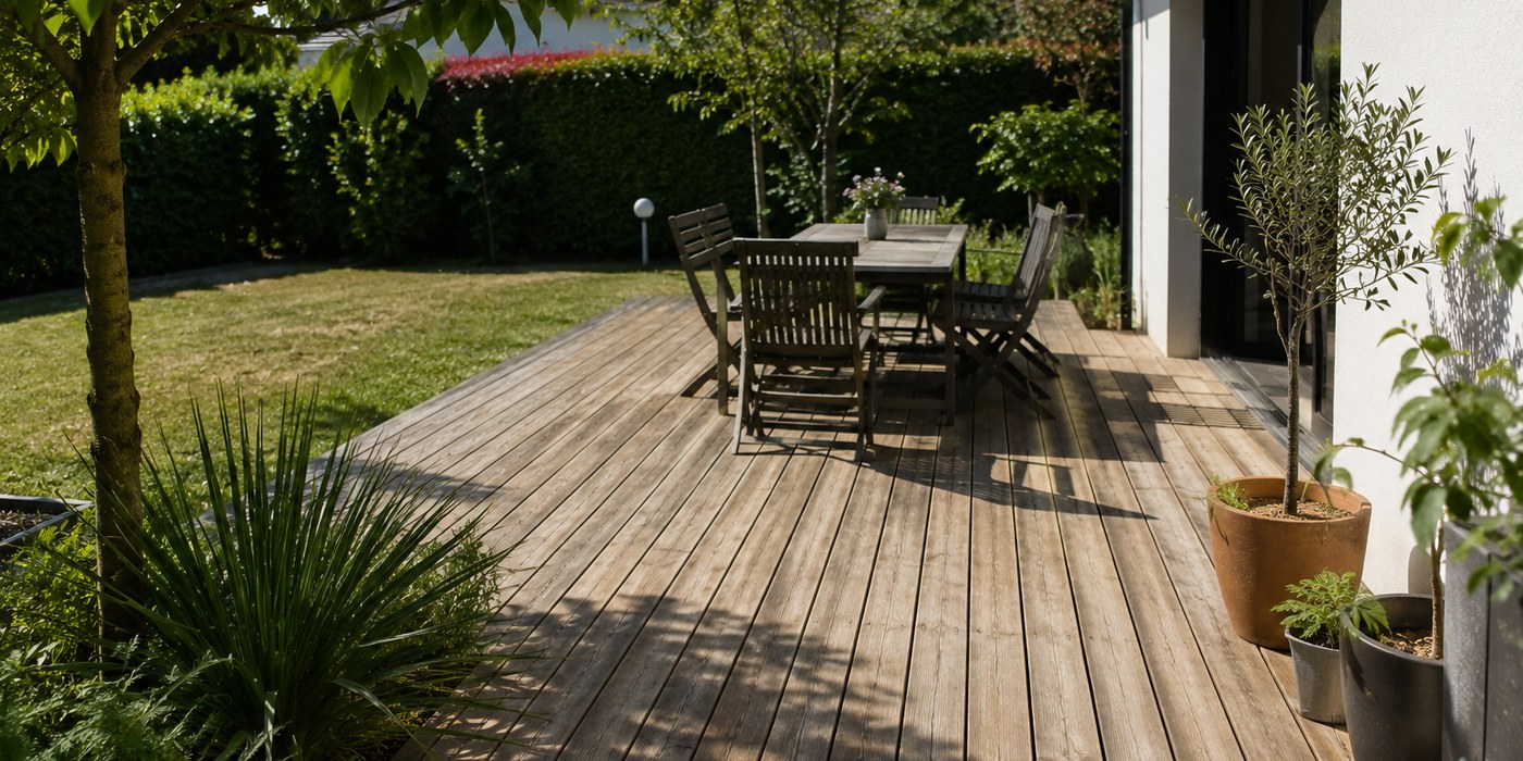 Terrasse en bois exotique dans un jardin normand