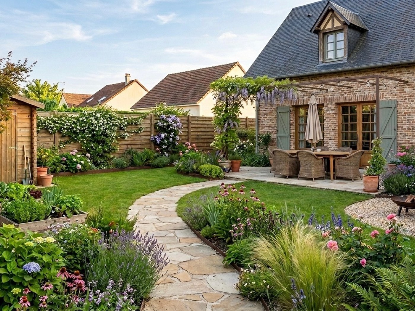 Jardin aménagé avec allée en pierre, massifs fleuris et terrasse